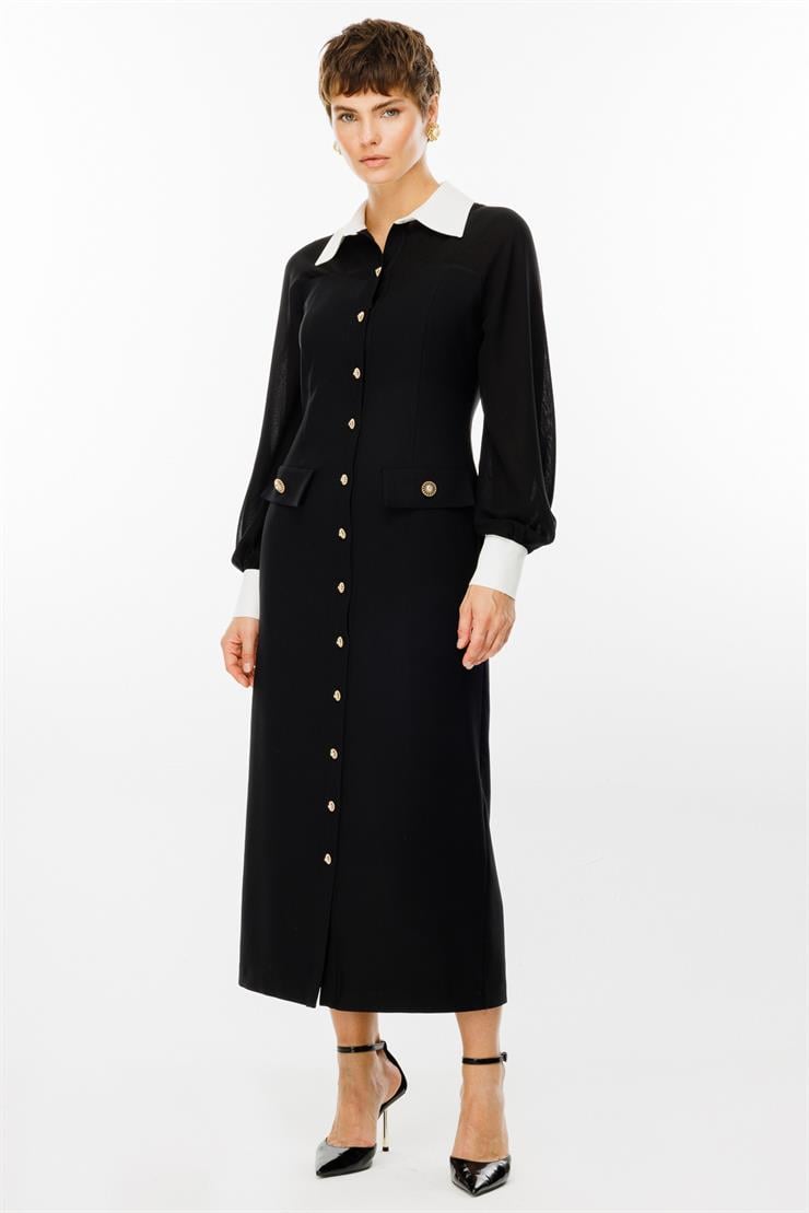 Modailgi  Şifon Kumaş Mix Detaylı Düğme Kapamalı Elbise Siyah