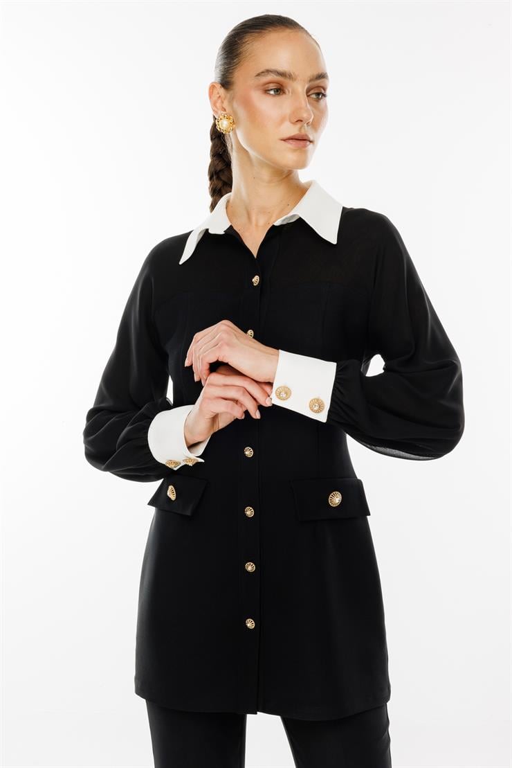 Modailgi  Şifon Kumaş Mix Detaylı Düğme Kapamalı Tunik Siyah