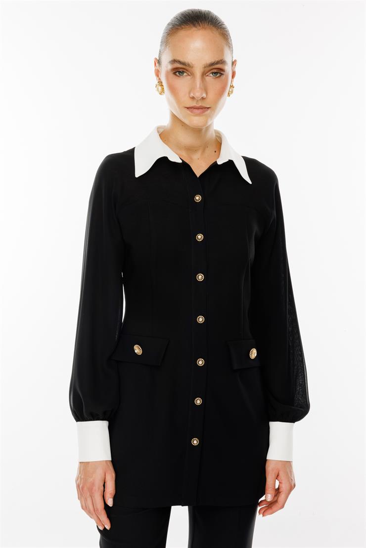 Modailgi  Şifon Kumaş Mix Detaylı Düğme Kapamalı Tunik Siyah