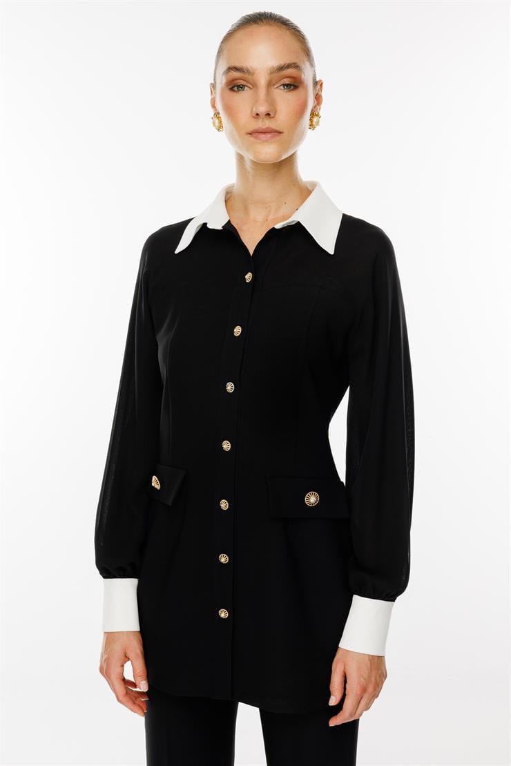 Modailgi  Şifon Kumaş Mix Detaylı Düğme Kapamalı Tunik Siyah