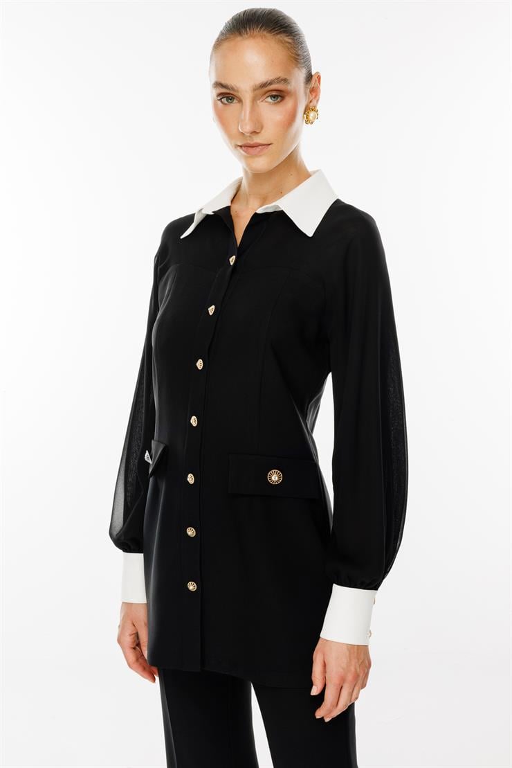 Modailgi  Şifon Kumaş Mix Detaylı Düğme Kapamalı Tunik Siyah