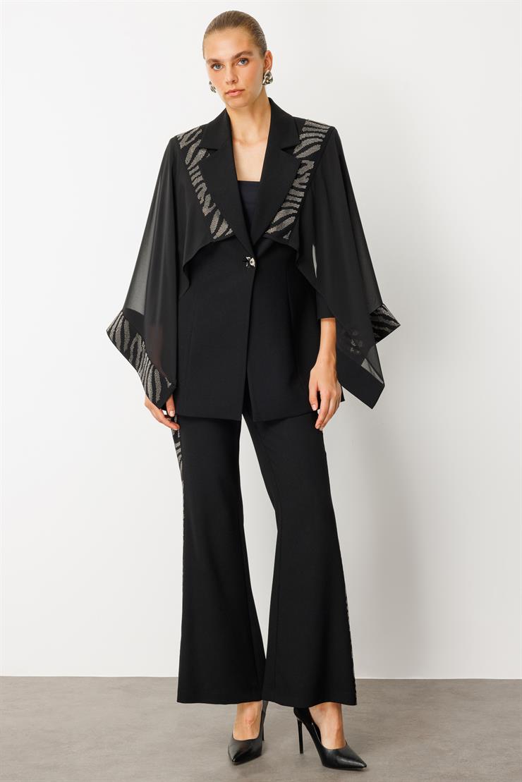 Modailgi  Şifon Pelerin Detaylı Taş İşlemeli Ceket - 40065 Siyah