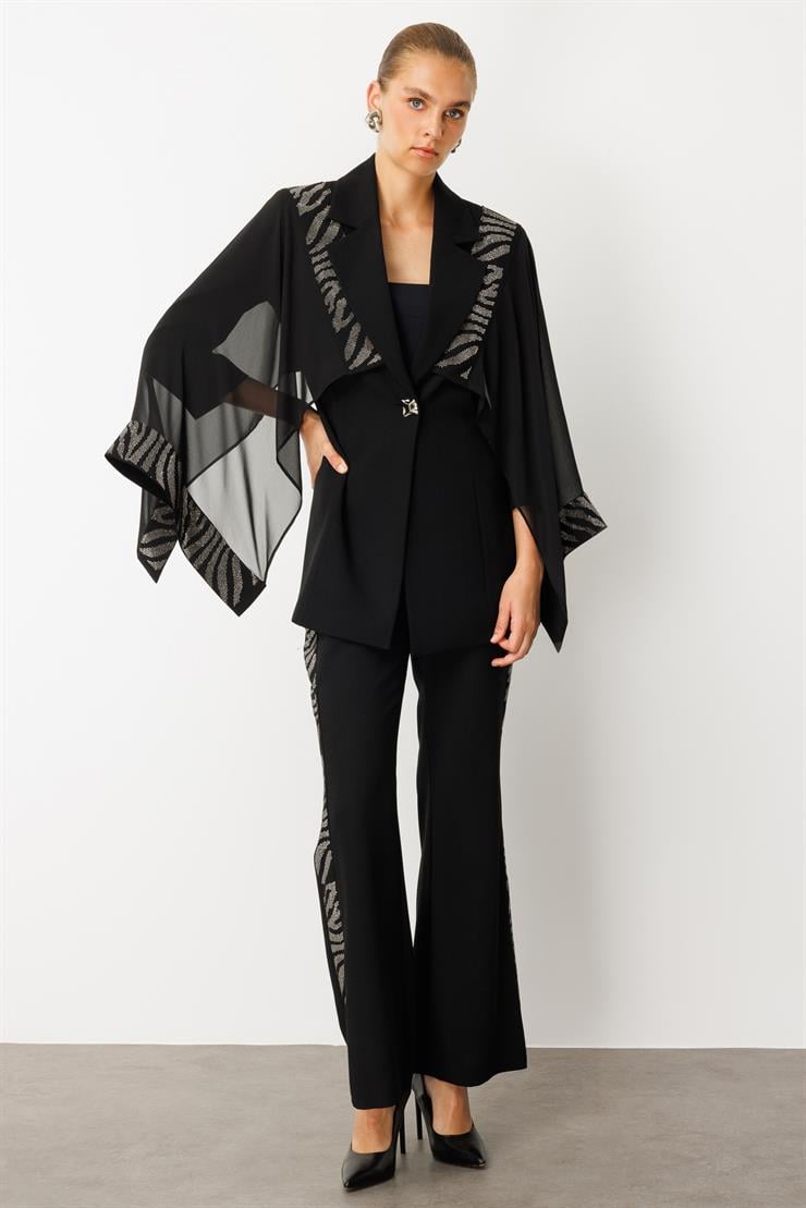 Modailgi  Şifon Pelerin Detaylı Taş İşlemeli Ceket - 40065 Siyah