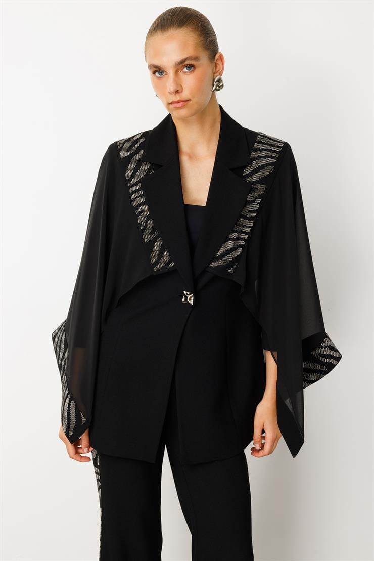 Modailgi  Şifon Pelerin Detaylı Taş İşlemeli Ceket - 40065 Siyah