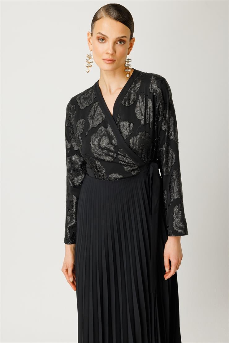 Modailgi  Simli Çiçek Jakarlı Eteği Plisoley Kruvaze Elbise Siyah