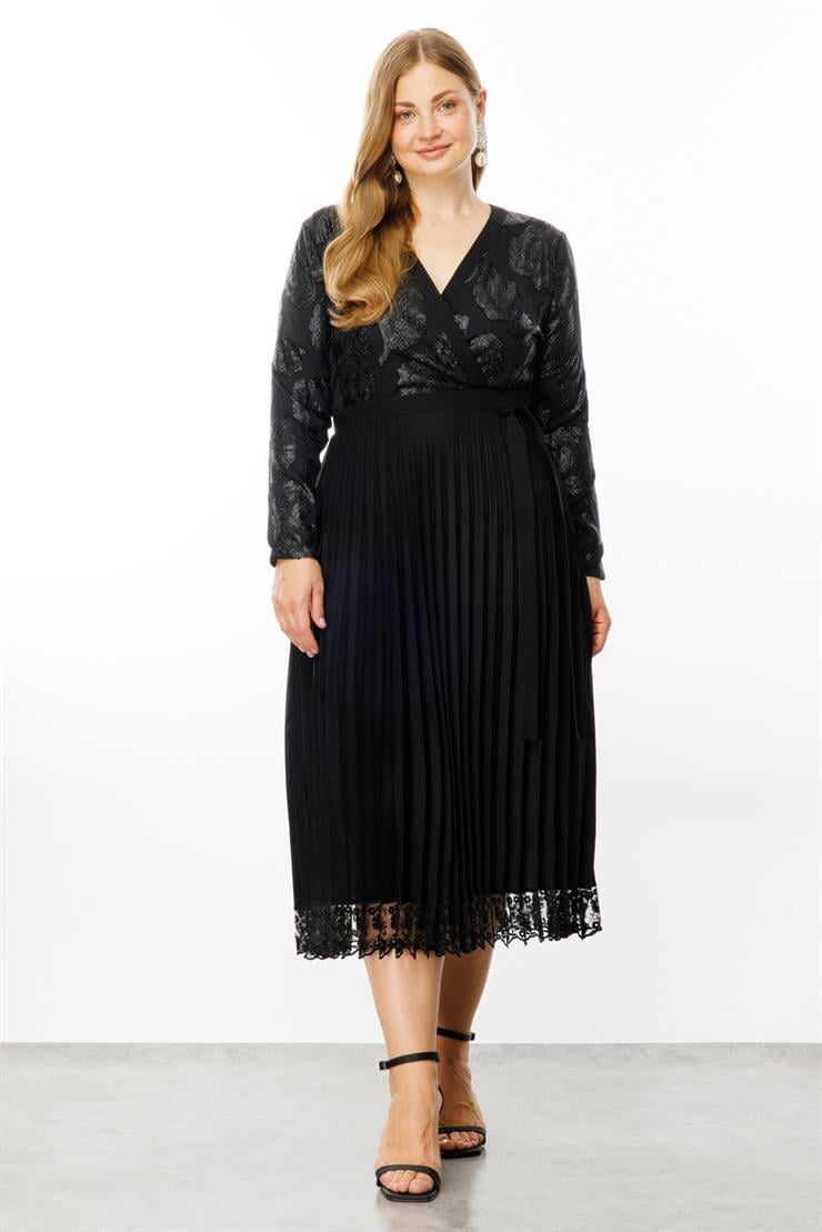 Modailgi  Simli Çiçek Jakarlı Eteği Plisoley Kruvaze Elbise Siyah