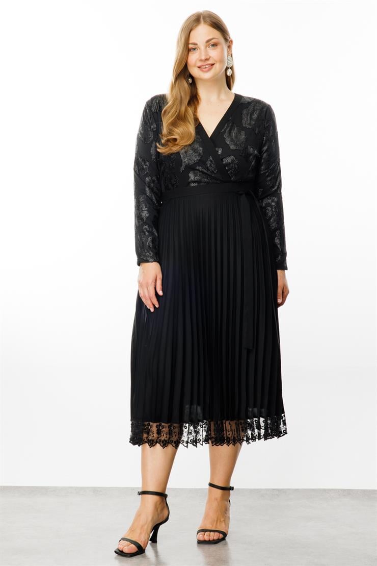 Modailgi  Simli Çiçek Jakarlı Eteği Plisoley Kruvaze Elbise Siyah