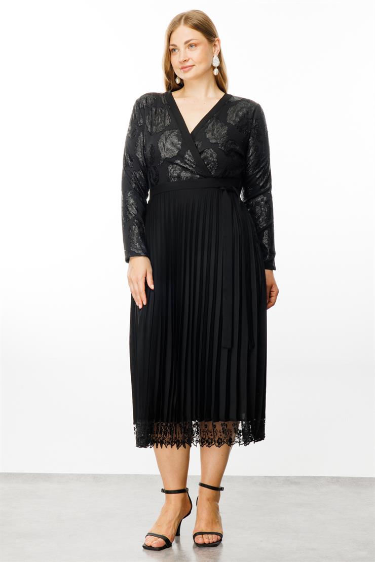 Modailgi  Simli Çiçek Jakarlı Eteği Plisoley Kruvaze Elbise Siyah