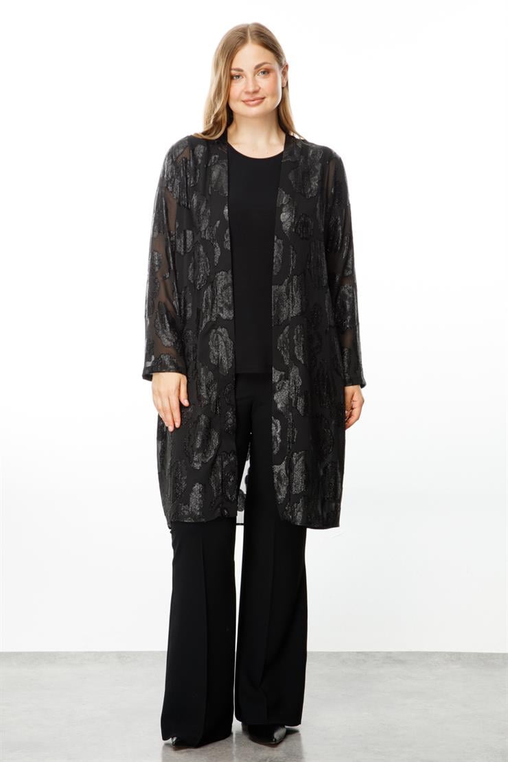 Modailgi  Simli Çiçek Jakarlı İkili Uzun Tunik Siyah