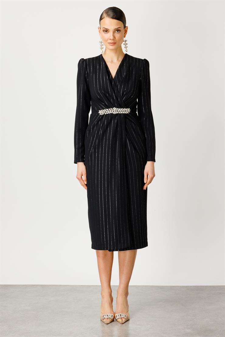 Modailgi  Simli Çizgili Kruvaze Elbise Siyah