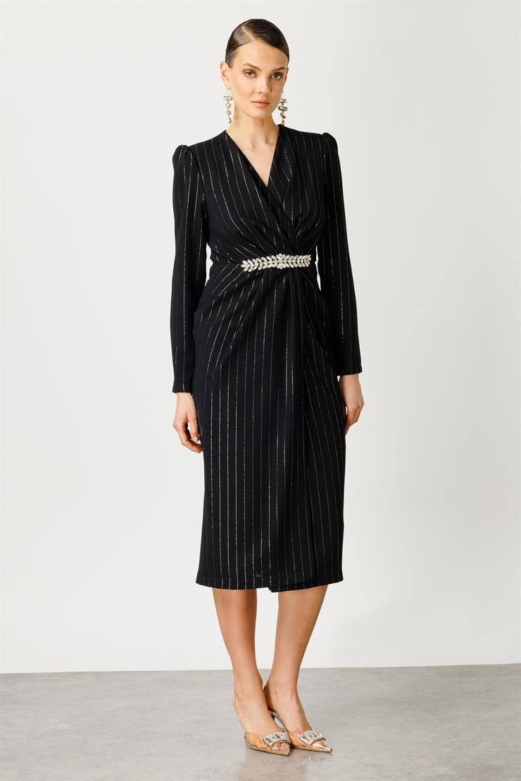 Modailgi  Simli Çizgili Kruvaze Elbise Siyah