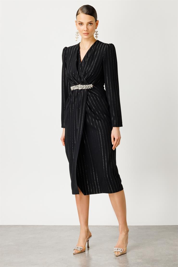Modailgi  Simli Çizgili Kruvaze Elbise Siyah