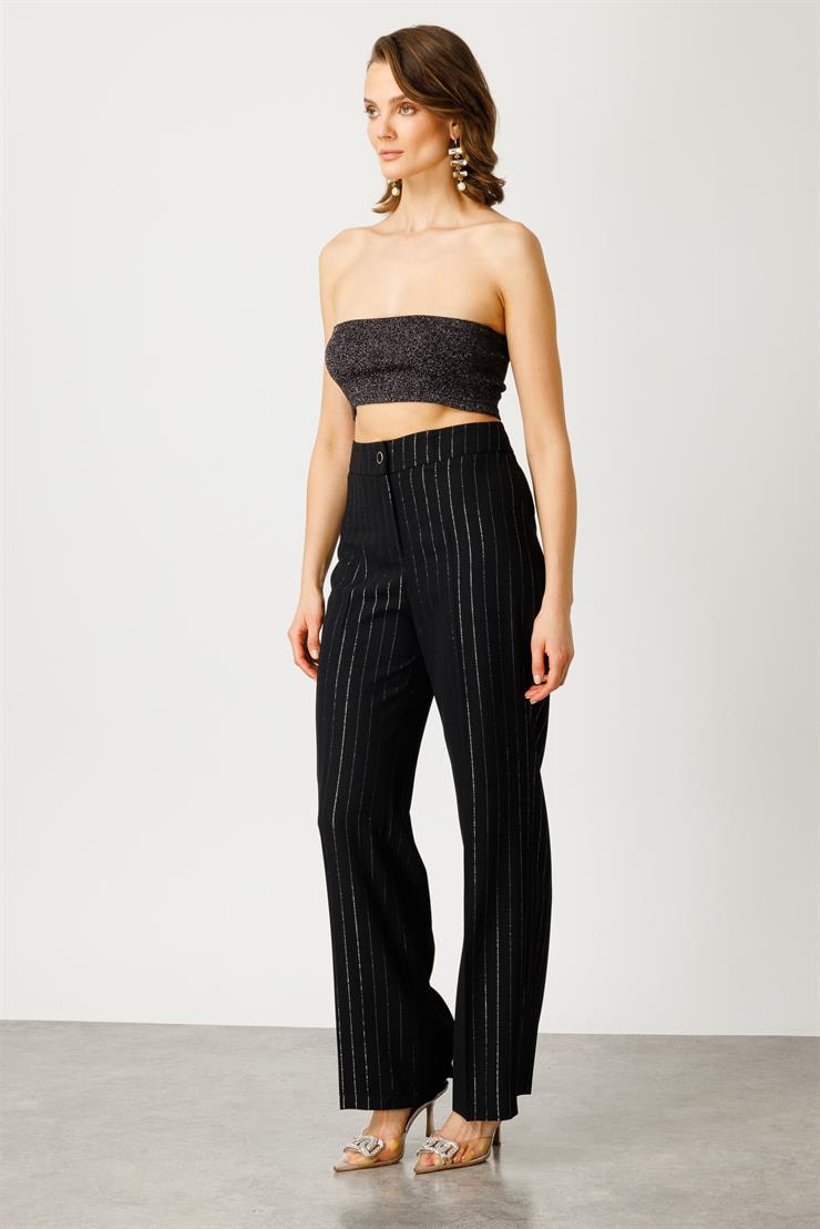Modailgi  Simli Çizgili Pantolon - 7558 Siyah