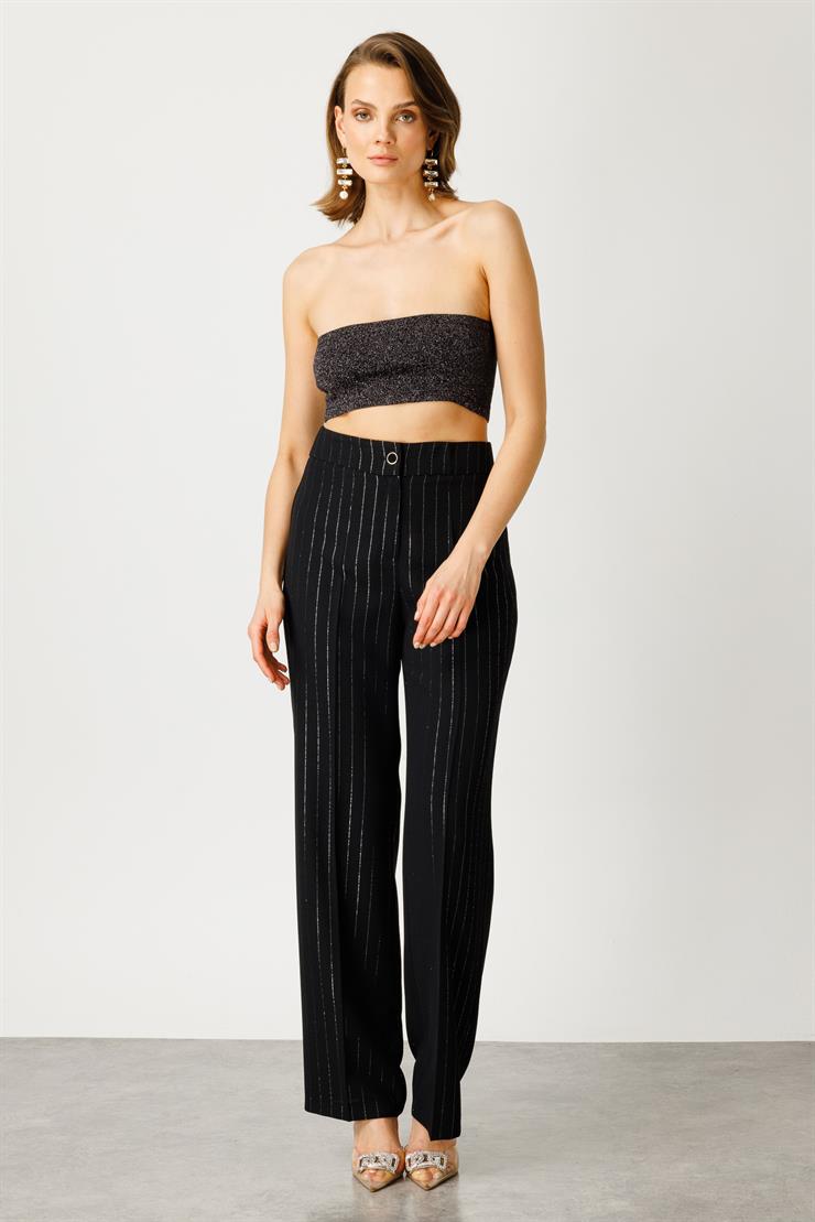 Modailgi  Simli Çizgili Pantolon - 7558 Siyah