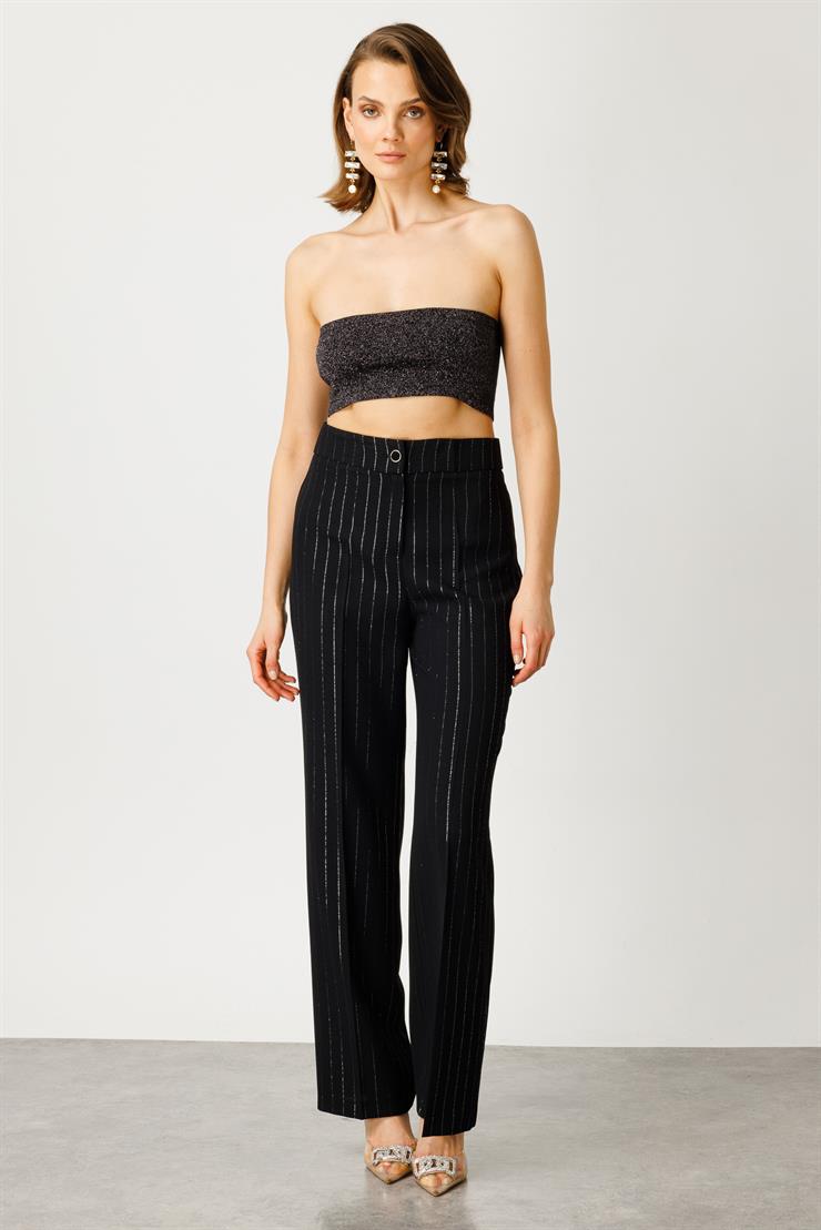 Modailgi  Simli Çizgili Pantolon - 7558 Siyah