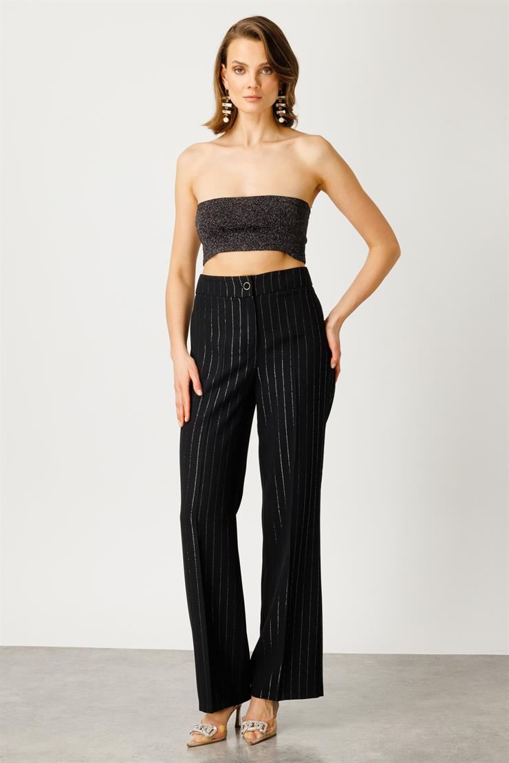 Modailgi  Simli Çizgili Pantolon - 7558 Siyah