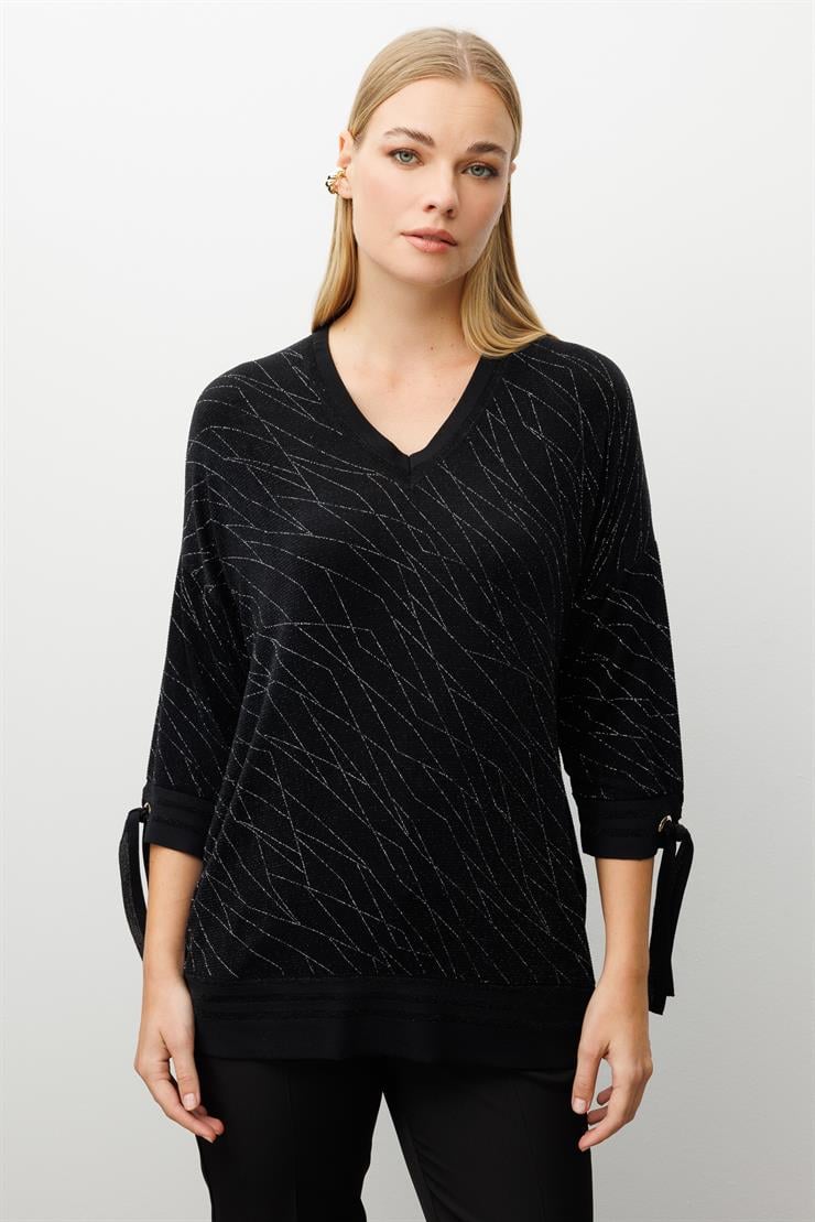 Modailgi  Simli V Yaka Kol Manşeti Bağcıklı Ribanalı Bluz Siyah