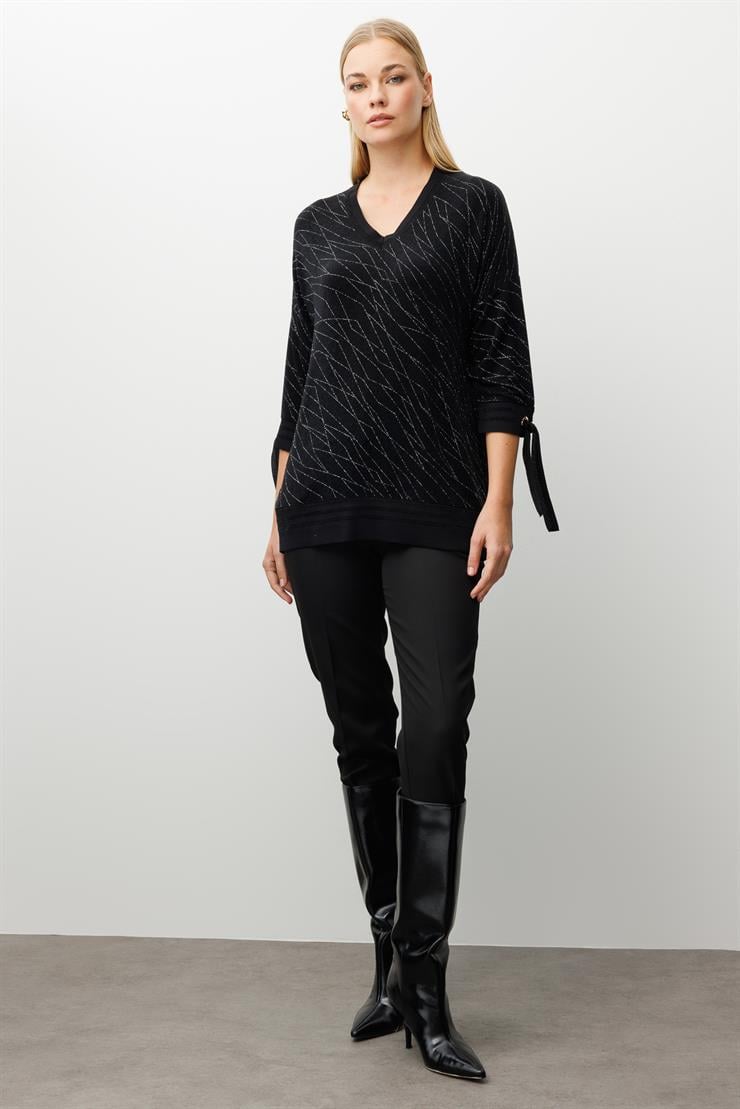 Modailgi  Simli V Yaka Kol Manşeti Bağcıklı Ribanalı Bluz Siyah