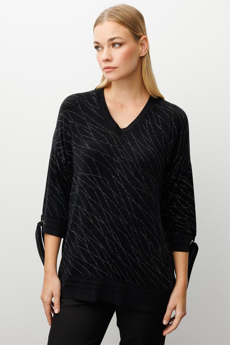 Modailgi  Simli V Yaka Kol Manşeti Bağcıklı Ribanalı Bluz Siyah