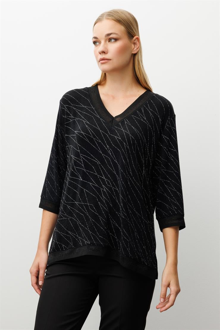 Modailgi  Simli V Yaka Ribanalı Bluz Siyah