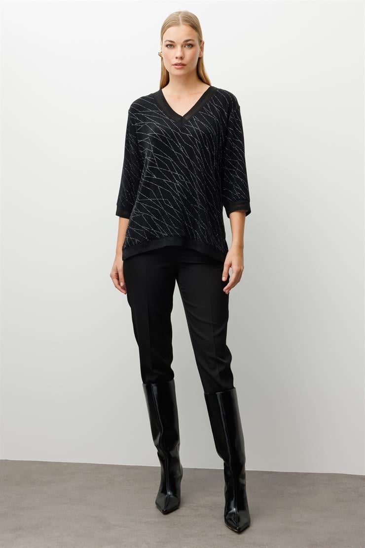 Modailgi  Simli V Yaka Ribanalı Bluz Siyah