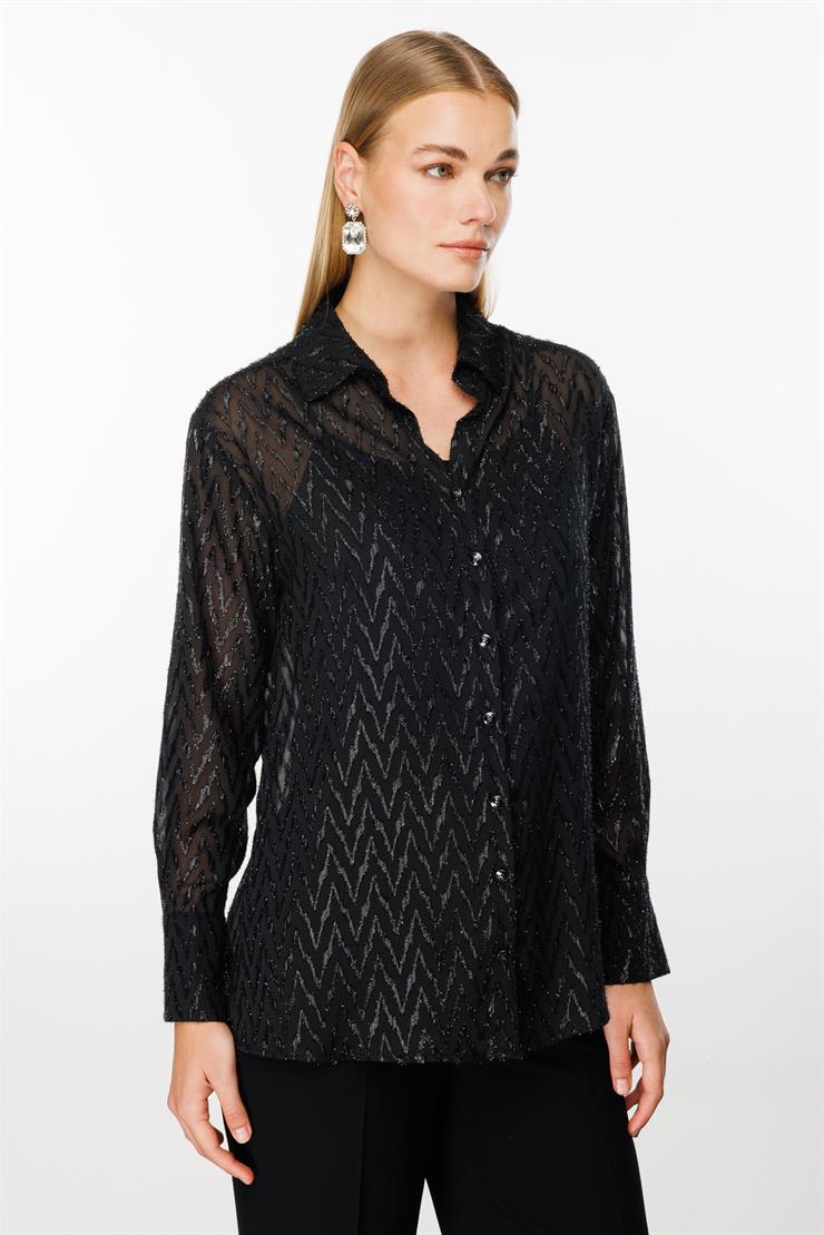 Modailgi  Simli Zikzak Jakar Askılı Gömlek Siyah