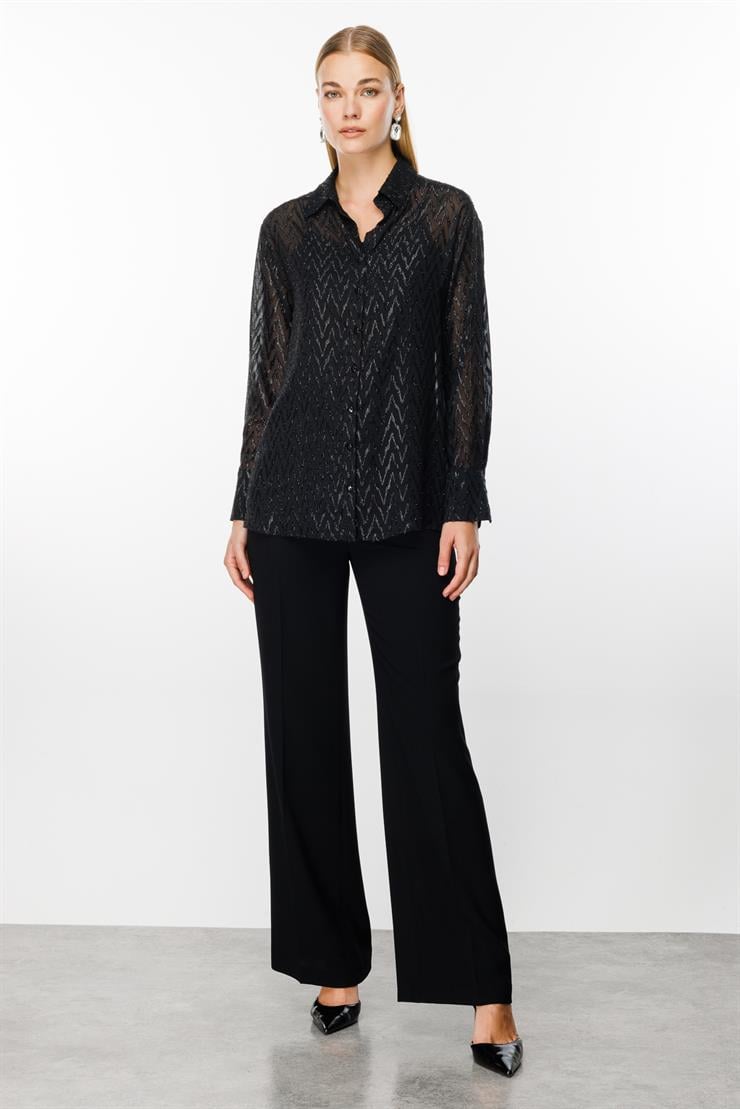 Modailgi  Simli Zikzak Jakar Askılı Gömlek Siyah