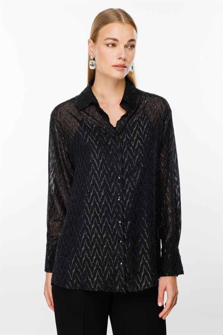 Modailgi  Simli Zikzak Jakar Askılı Gömlek Siyah