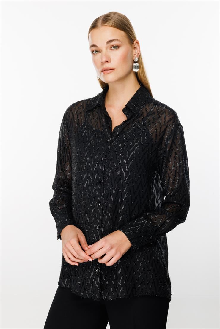 Modailgi  Simli Zikzak Jakar Askılı Gömlek Siyah
