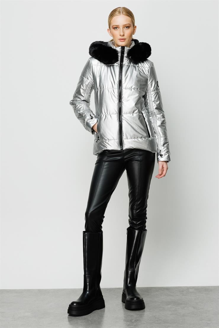 Modailgi  Kapüşonlu Kısa Rugan Şişme Kaban Gri