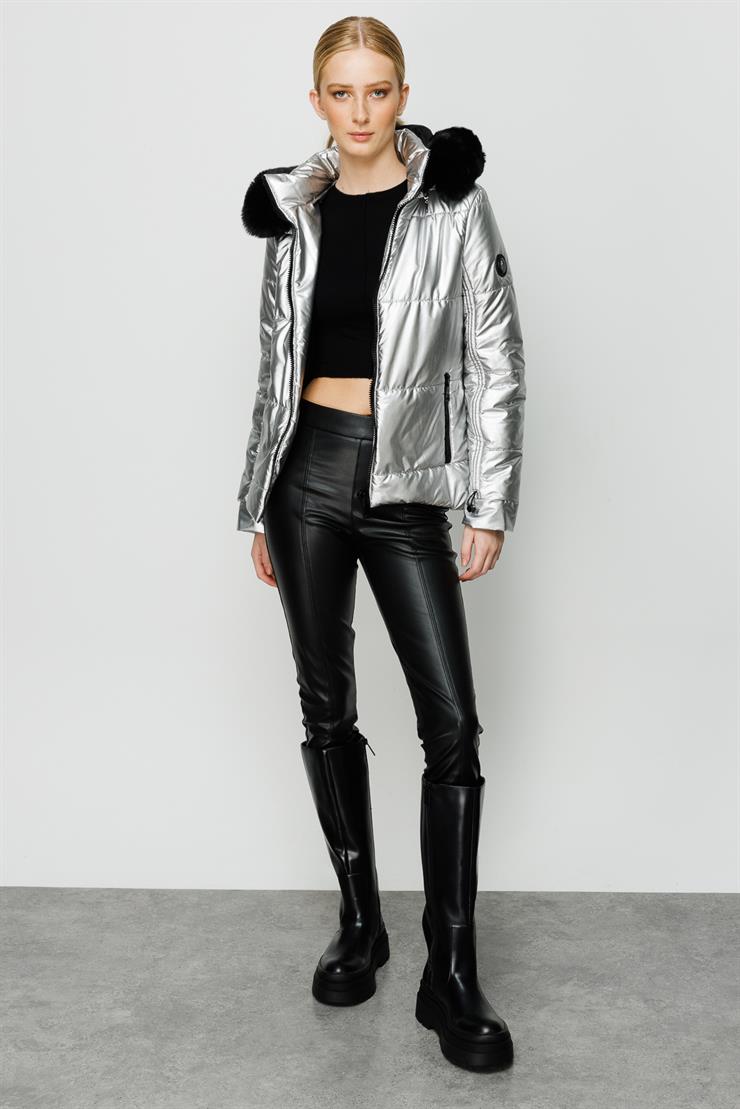 Modailgi  Kapüşonlu Kısa Rugan Şişme Kaban Gri