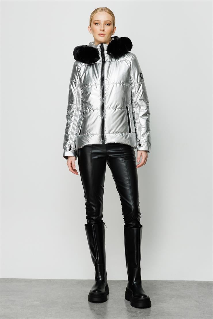 Modailgi  Kapüşonlu Kısa Rugan Şişme Kaban Gri