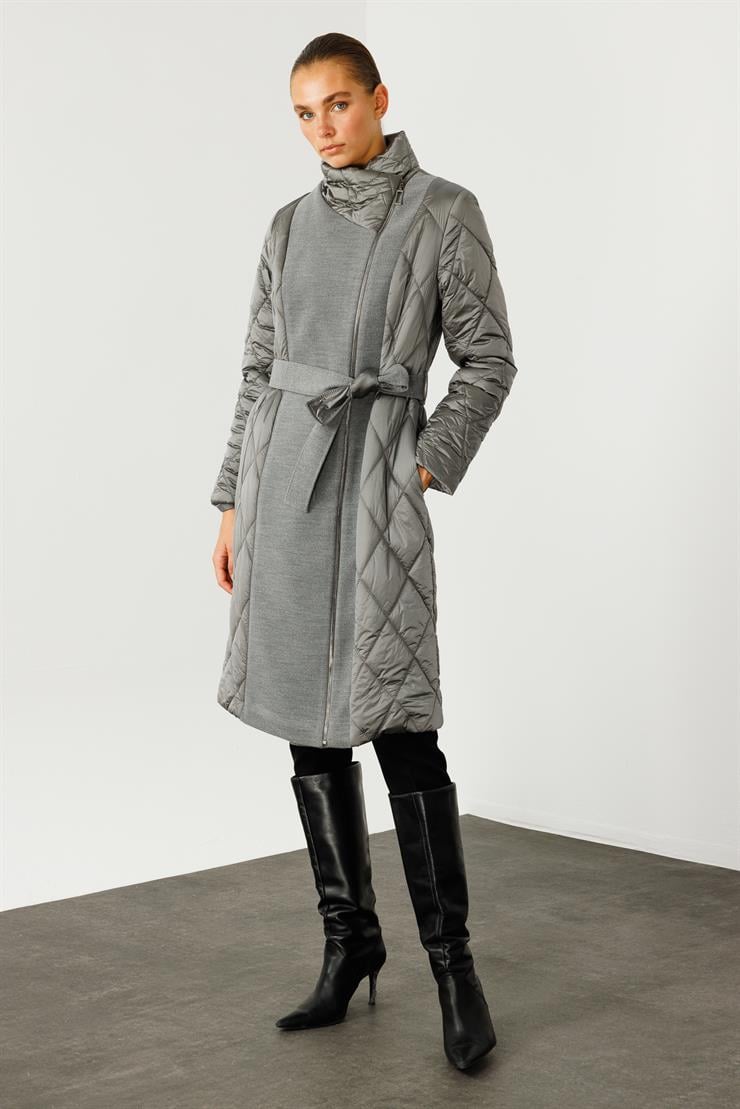 Modailgi  Kaşe Garnili Kruvaze Kapamalı Şişme Kaban Gri