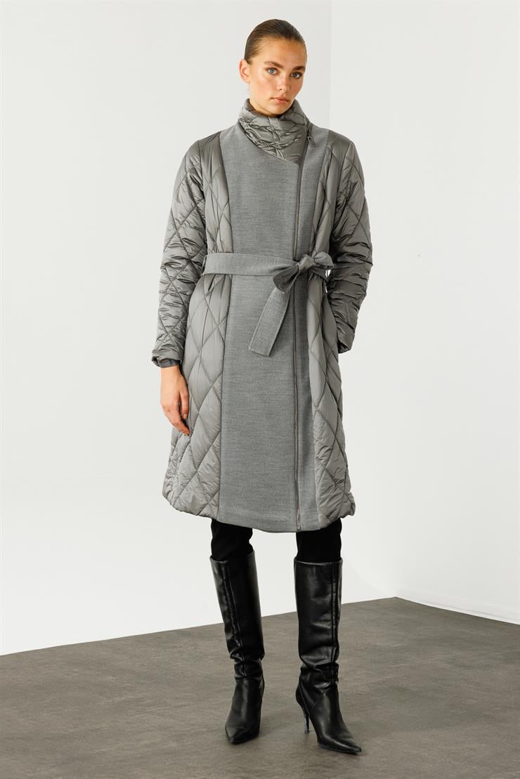 Modailgi  Kaşe Garnili Kruvaze Kapamalı Şişme Kaban Gri