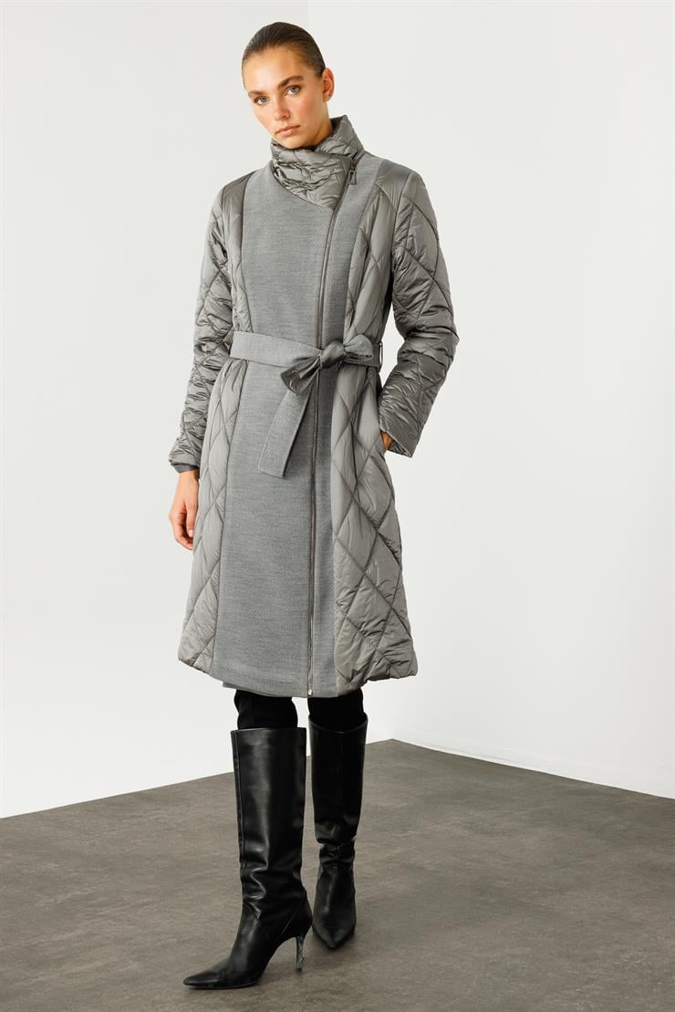 Modailgi  Kaşe Garnili Kruvaze Kapamalı Şişme Kaban Gri