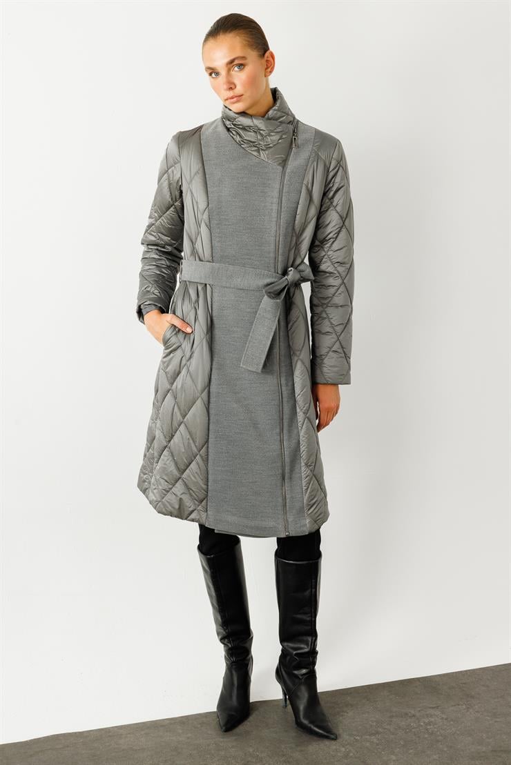 Modailgi  Kaşe Garnili Kruvaze Kapamalı Şişme Kaban Gri