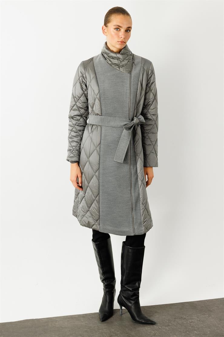 Modailgi  Kaşe Garnili Kruvaze Kapamalı Şişme Kaban Gri