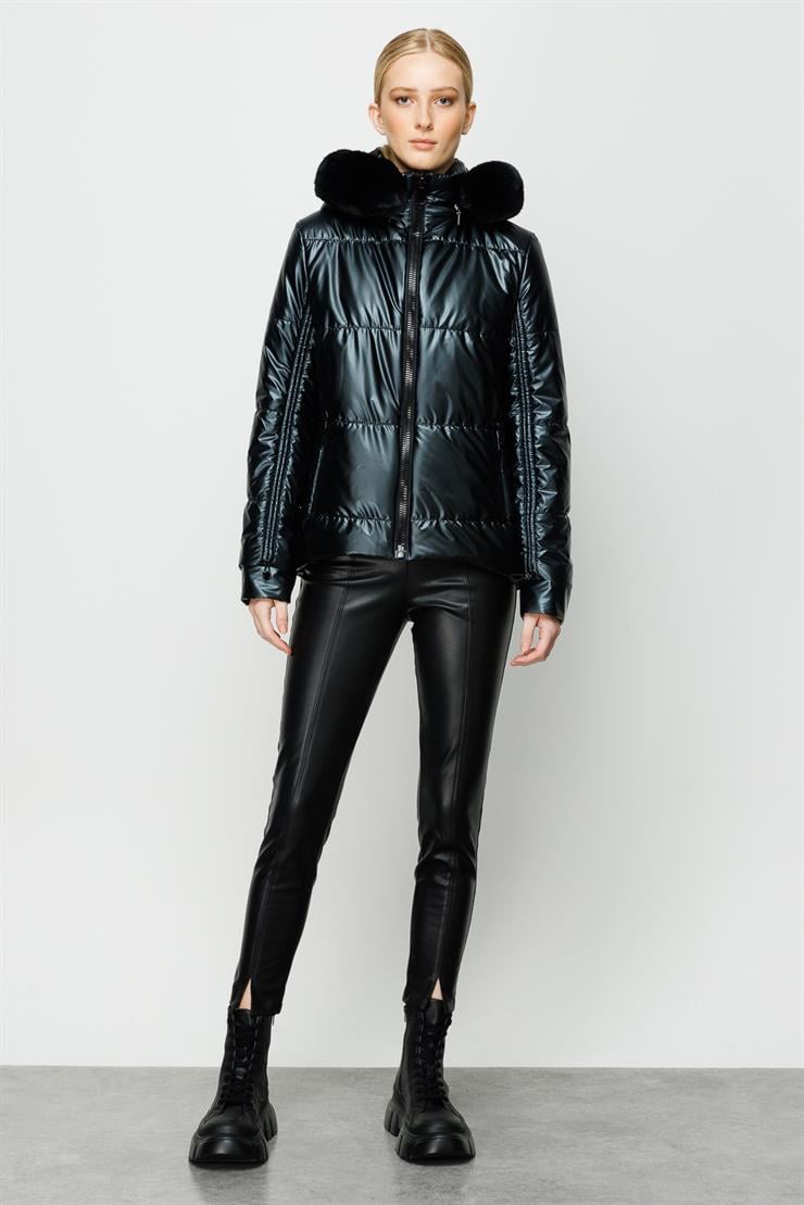 Modailgi  Kapüşonlu Kısa Rugan Şişme Kaban Siyah