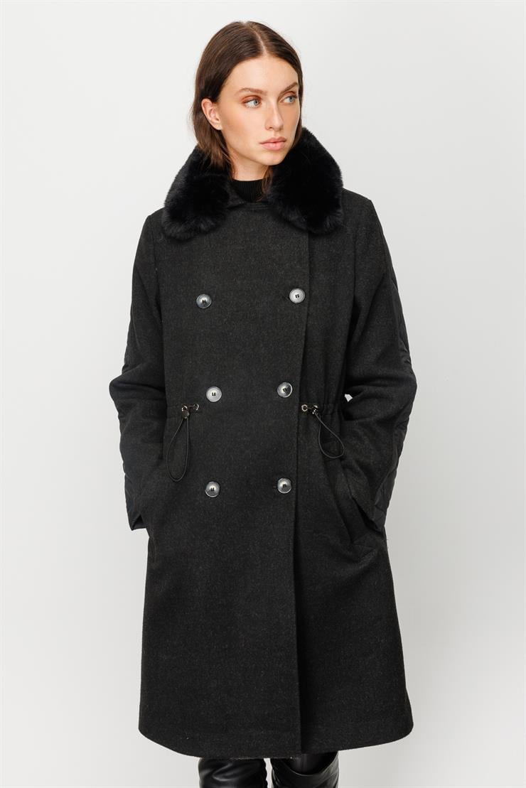 Modailgi  Yakası Kürklü Arkası Kapitoneli Şişme Kaban Siyah