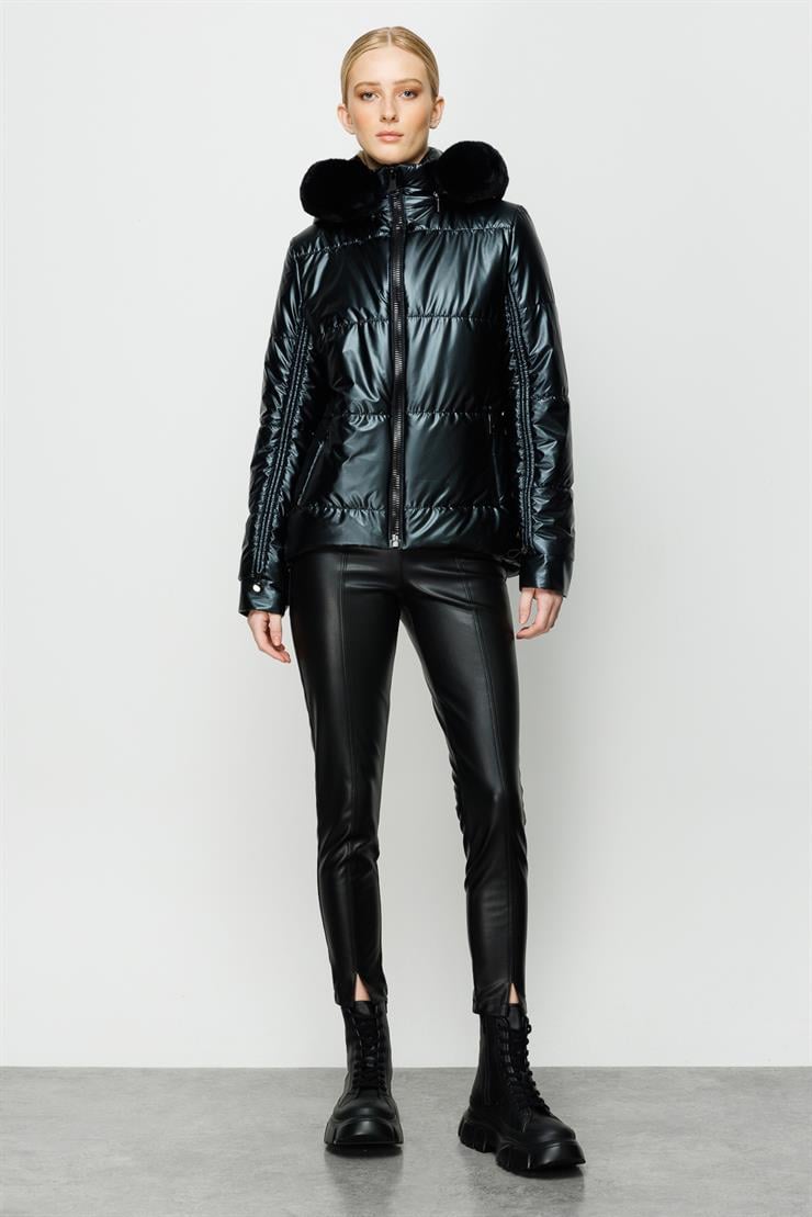 Modailgi  Kapüşonlu Kısa Rugan Şişme Kaban Siyah