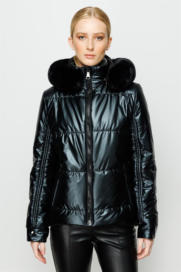 Modailgi  Kapüşonlu Kısa Rugan Şişme Kaban Siyah