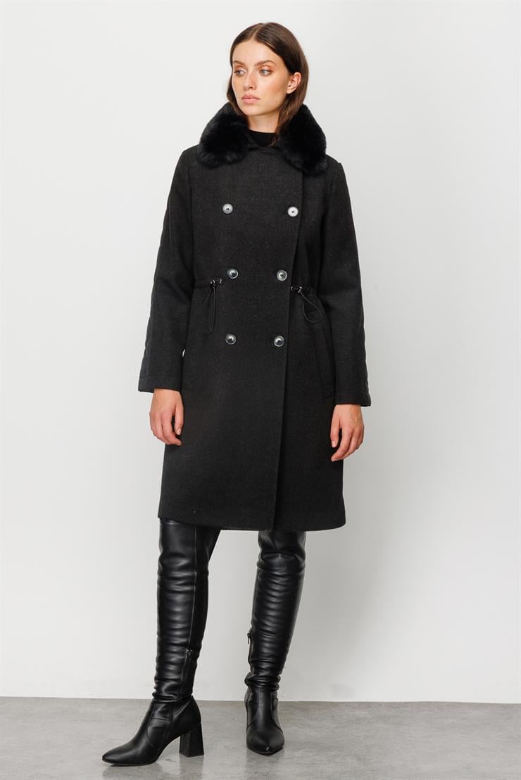 Modailgi  Yakası Kürklü Arkası Kapitoneli Şişme Kaban Siyah