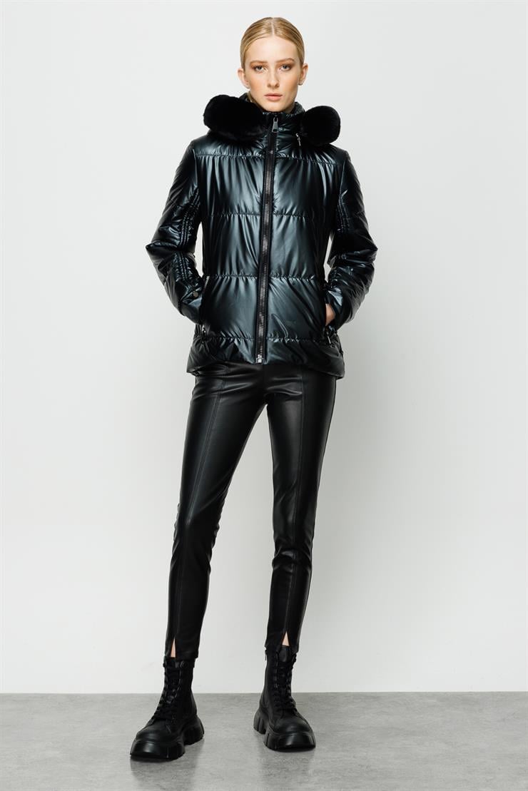 Modailgi  Kapüşonlu Kısa Rugan Şişme Kaban Siyah