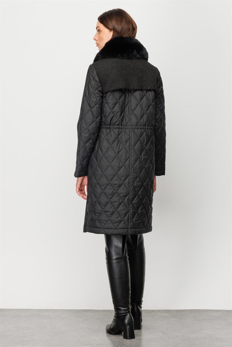 Modailgi  Yakası Kürklü Arkası Kapitoneli Şişme Kaban Siyah