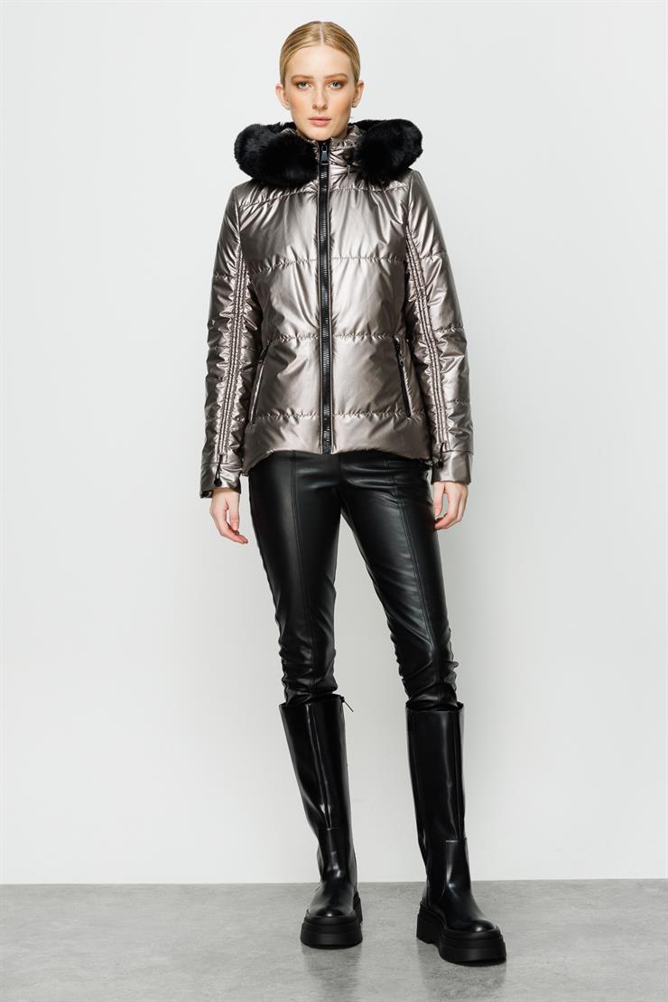 Modailgi  Kapüşonlu Kısa Rugan Şişme Kaban Vizon