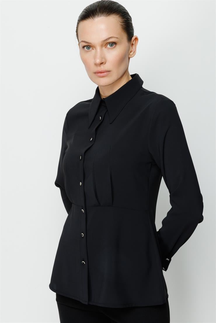 Modailgi  Sivri Yaka Beli Pile Detaylı Gömlek Siyah