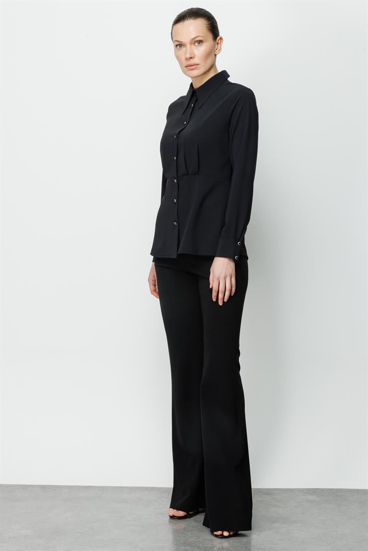 Modailgi  Sivri Yaka Beli Pile Detaylı Gömlek Siyah