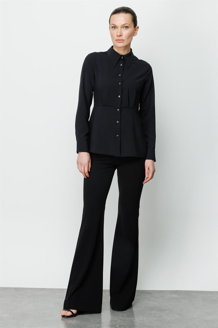 Modailgi  Sivri Yaka Beli Pile Detaylı Gömlek Siyah