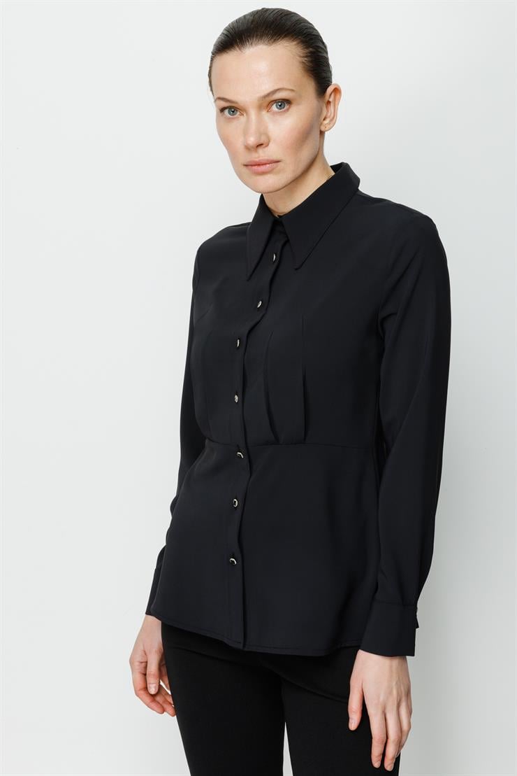 Modailgi  Sivri Yaka Beli Pile Detaylı Gömlek Siyah