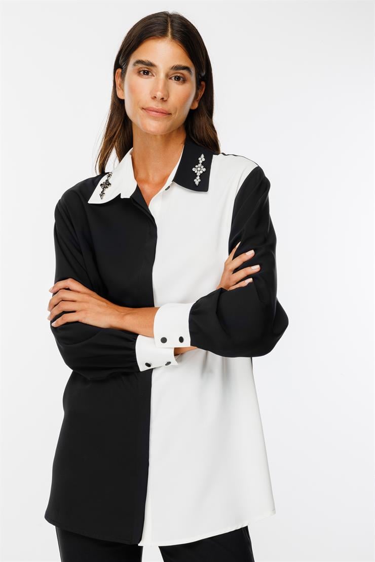 Modailgi  Siyah/Ekru Kombinli Yakası Taş İşlemeli Gömlek Siyah/Ekru